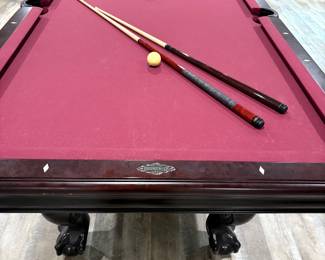 Brunswick Pool table with leather pockets and all accessories - plus the ping-pong topper on rolling rack
