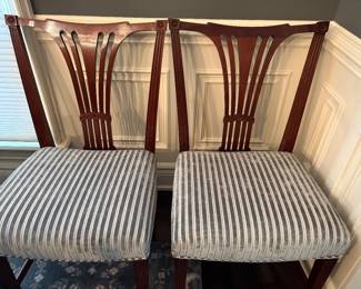 John Widdicomb Chippendale Mahogany side chairs with grey and cream stripped velvet upholstery (8) 