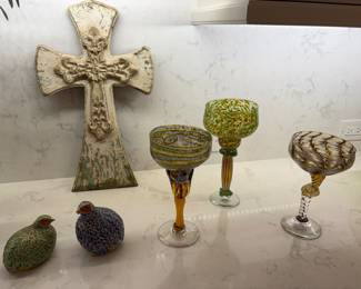 Another view of the hand-blown glassware and porcelain and gold doves (set of 2)