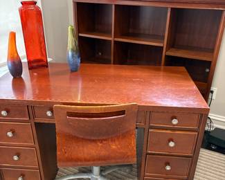 Stanley desk with hutch and desk chair, also shown with desk globe and colored glass vases:  Kosta Boda and more!