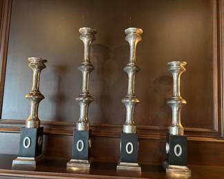 Set of 4 black wood and polished nickel candle holders - heavy