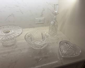 Waterford:  Cake Plate (2 available), salad bowl, decanter and heart candy dish