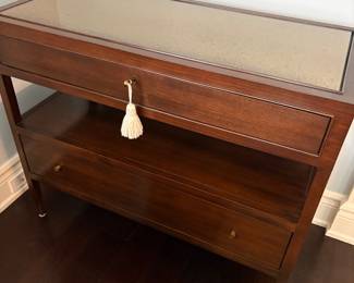 Baker table with 2 drawers and gold mirrored glass top
