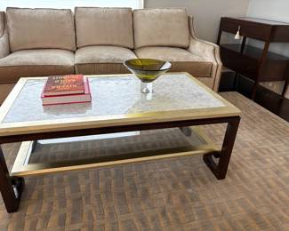 Coffee table with lower glass tier - Art deco design with mother-of-pearl top and shown with Lexington 3-cushion couch, and Baker mirrored top table and wool area rug (10" x 13')