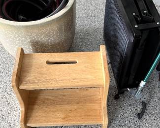 Wood step stool, ceramic hose storage with hose and sprayer