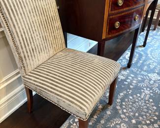 View of the upholstered side chairs with nail-head detail (2) - same upholstery as on Chippendale side chairs upholstery