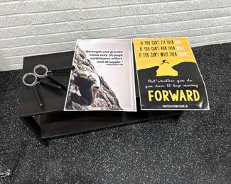 shoe rack/closet storage, hand exercisers and motivational posters