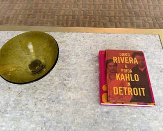 Diego Rivera and other coffee table books and blown-signed glass piece