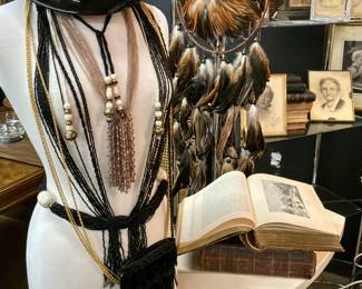 Collection of glass, beaded jewelry, handbag