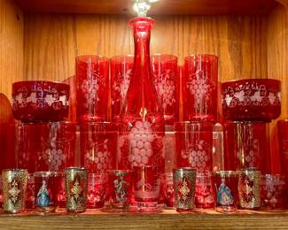 Vintage red cut to clear glasses, decanter, and more 