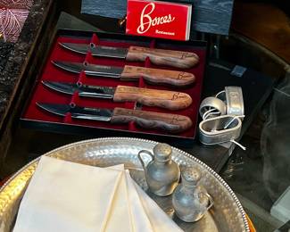 Bones Restaurant (Atlanta) set of eight wooden handle steak knives, dinner, napkins, box of matches. Pewter salt & pepper shakers & napkin rings, serving trays, grill burger/meat basket 
