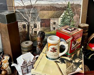 Lot of miscellaneous decor, framed oil on canvas, collectors “When Gentlemen Agree” Budweiser beer stein w/original box 