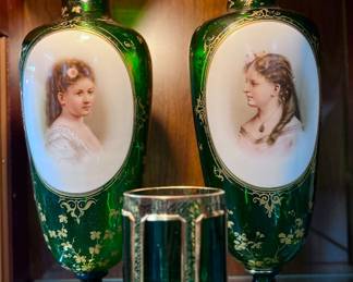 Probably Moser emerald glass 19th century vases w/handpainted porcelain inlays
