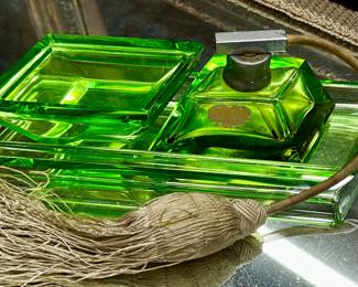 Vintage art deco  green glass perfume and powder box on tray