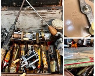 Pair of vintage fishing/tackle boxes with two fishing rods, vintage lures, hooks, 2 steel rods, and more