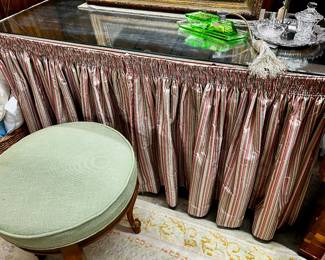Mirror top vanity desk with custom skirt and vintage stool