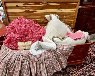 Vintage Cedar chest.  Collection of custom made bed linens and pillows