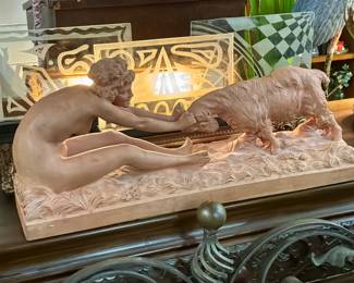 Vintage cast terra-cotta sculpture (replica of a famous original). Art glass panels.