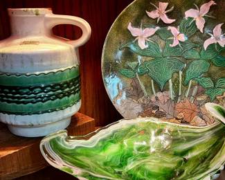 Green art glass and pottery, enameled copper plate by artist Brumm 