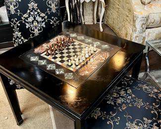 Game table with stone inlay chessboard, chess pieces, two custom upholstered side chairs