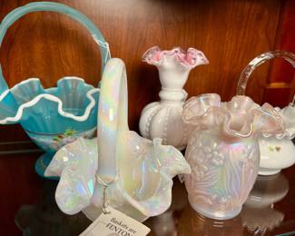 Collection of vintage ruffle glass baskets by Fenton