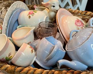 Basket of miscellaneous tea set items, dishes, figurines