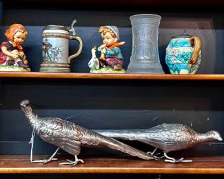 Vintage Hummel figurines, handmade silver plate pheasants 