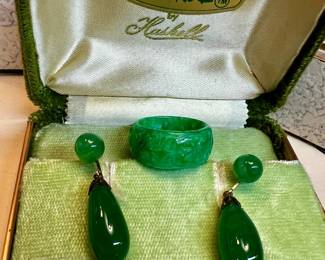 14 karat and jade drop earrings, carved & pierced jade band ring (color enhanced)