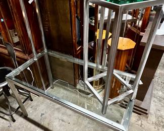 Chrome & glass top desk, console table, pedestal