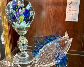 Art glass fish, orb on stand