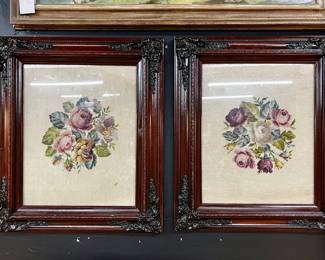 Pair of framed floral needlepoint