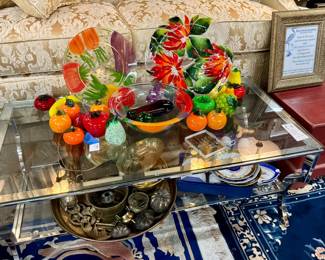 Collection of glass  fruits and vegetables, handpainted platters, and serving bowl