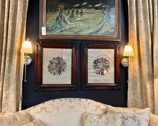 Damask down sofa, signed original oil on board, framed needlepoint