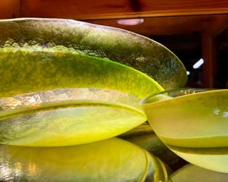 A pair of handblown art glass bowls