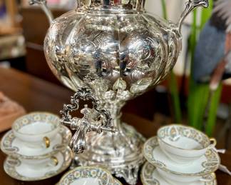 Silver plate coffee urn, vintage porcelain cups and saucers