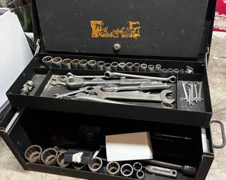vintage metal cantilever toolbox w/hinged trays that open outward to display the contents, tools (socket set, wrenches, etc.) Label worn but you can make out ‘Chicago’ so prob made in USA