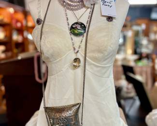 Collection of feminine things-jewelry, vintage handbag, silk négligée