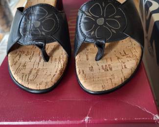 Munro Black Leather Flower with cork footbed Sandals