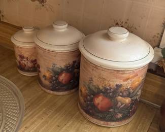 Ceramic canister set part of the "Windsor" pattern designed by Pamela Gladding for Certified International. Manufactored in Thailand. Discontinued, originally produced between 1999 and 2003.