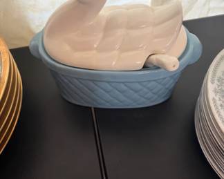 Ceramic duck-shaped covered soup tureen, likely manufactured in Japan.