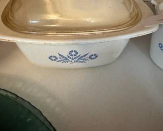Vintage Corning Ware Casserole dish featuring the iconic Blue Cornflower pattern. Highly collectible kitchenware.