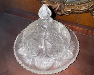 pressed glass butter dish or cheese dome, likely manuf. by L.E. Smith Glass Company in the "Suburst" pattern