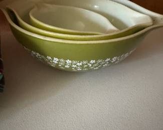 Vintage Pyrex Cinderella mixing bowls. Spring Blossom green
