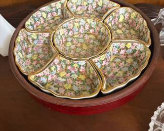 Royal Winton Summertime chintz 5-part relish dish, set in a wooden holder,  likely from the pre-1960 era.