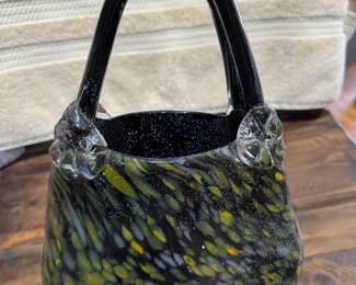 Decorative Murano-style blown glass purse vase. Hand made art glass piece 