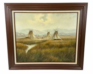 Hank Woodahl Original Oil Painting, Native American Teepees, Western Landscape