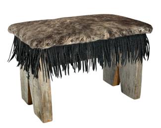 Rustic Brindle Cowhide Ottoman Stool with Fringe & Wood Base