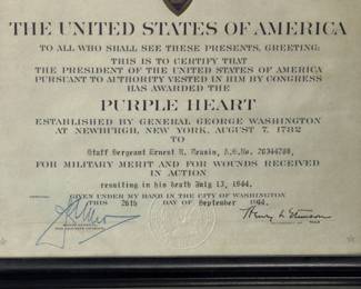 WWII KIA Purple Heart Certificate Framed - Staff Sgt. Ernest R. Teasin, 1944 Death