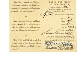 WWI World War Birds Internationale Certificate & Photo Grouping Aviator Louis Carruthers