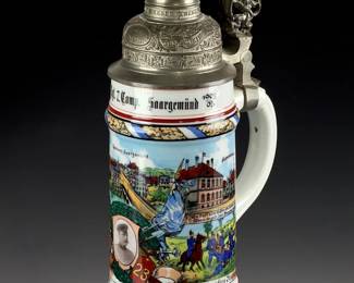 Antique German Reservist Regimental Beer Stein, Lithophane, Porcelain, 1903-05